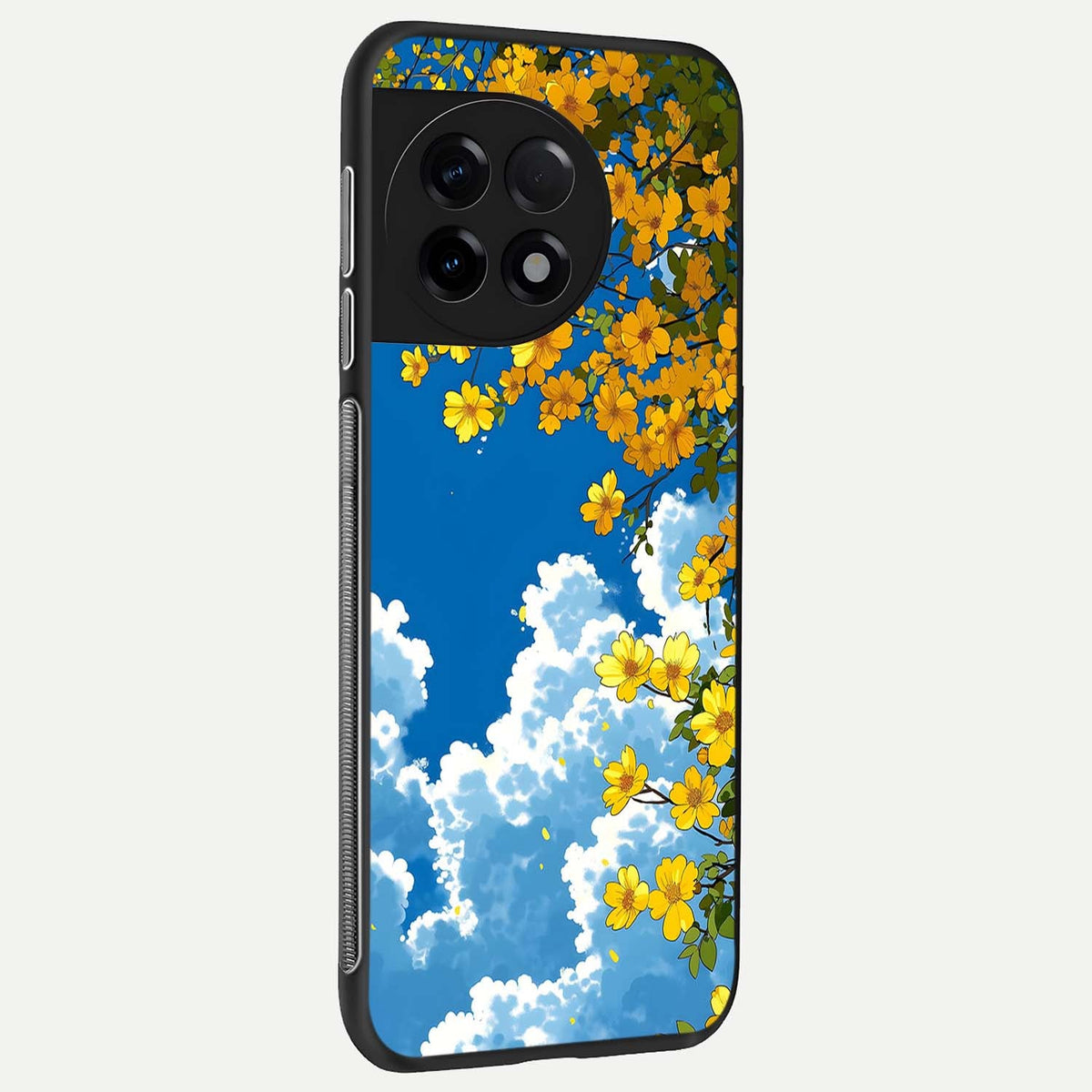 Golden Petal Sky back cover For OnePlus 11R slim fit glass case with vibrant aesthetic design