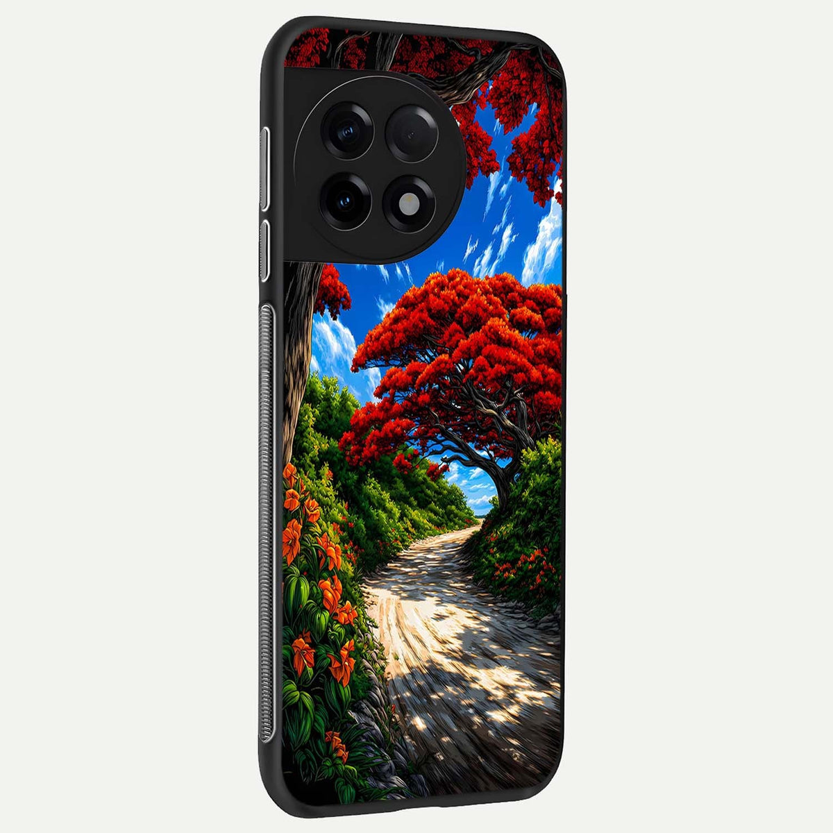 Red Trees Pathway back cover For OnePlus 11R slim fit glass case with vibrant aesthetic design