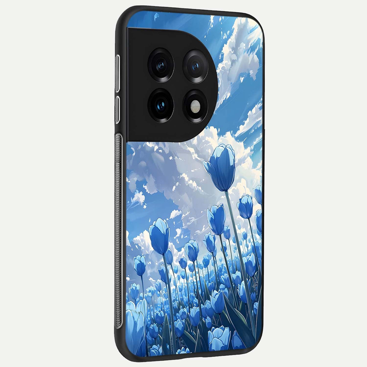 Blue Tulip Clouds back cover For OnePlus 11 slim fit glass case with vibrant aesthetic design