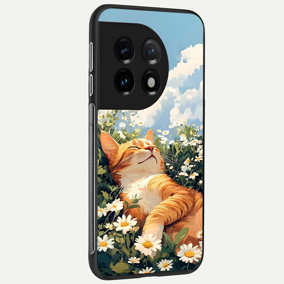 Cat And Flowers View back cover For OnePlus 11 slim fit glass case with vibrant aesthetic design