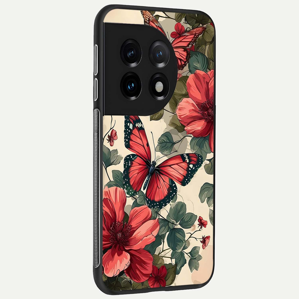 Crimson Butterfly Garden back cover For OnePlus 11 slim fit glass case with vibrant aesthetic design
