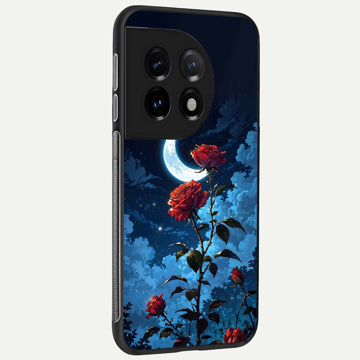 Crimson Rose Moon back cover For OnePlus 11 slim fit glass case with vibrant aesthetic design