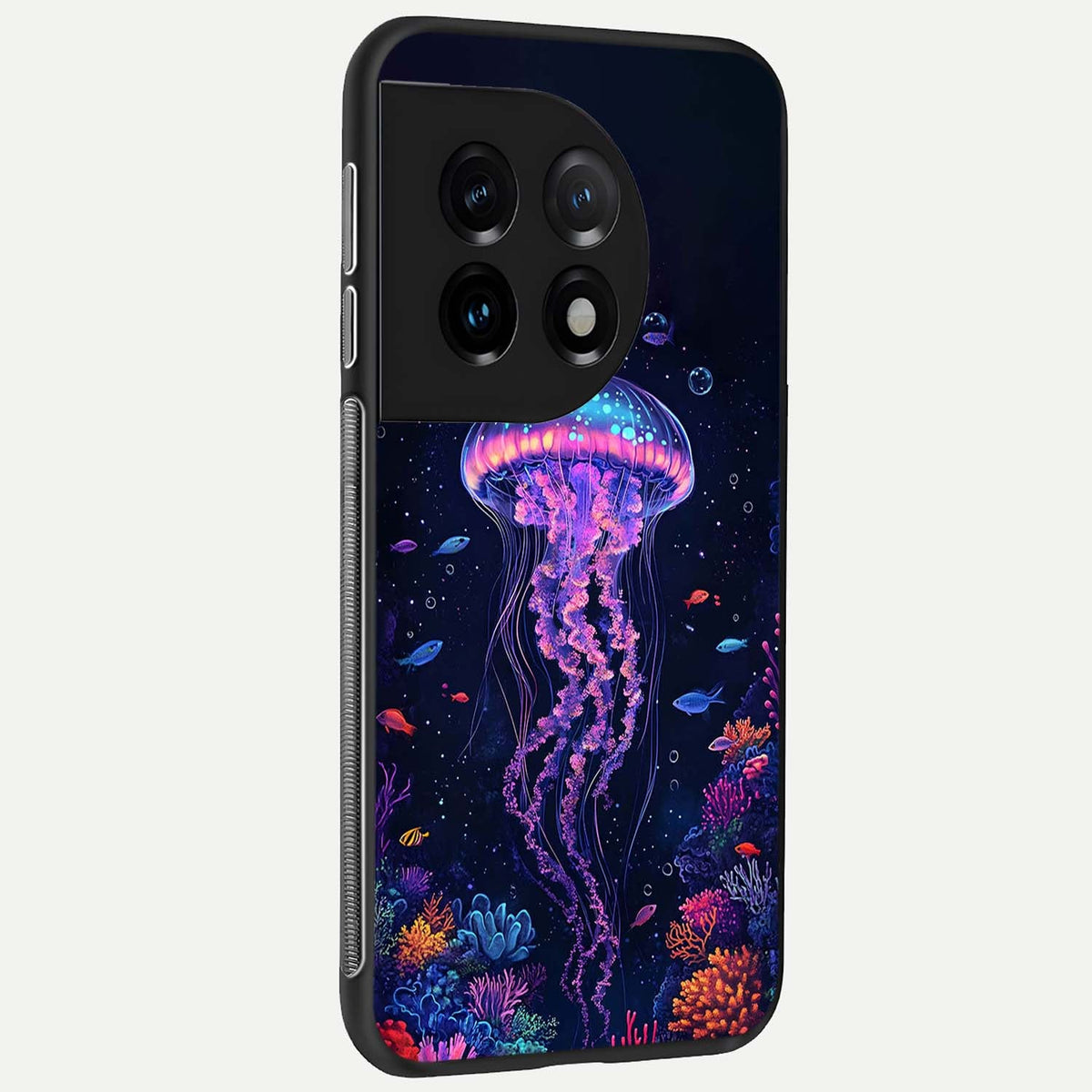 Neon Jellyfish back cover For OnePlus 11 slim fit glass case with vibrant aesthetic design