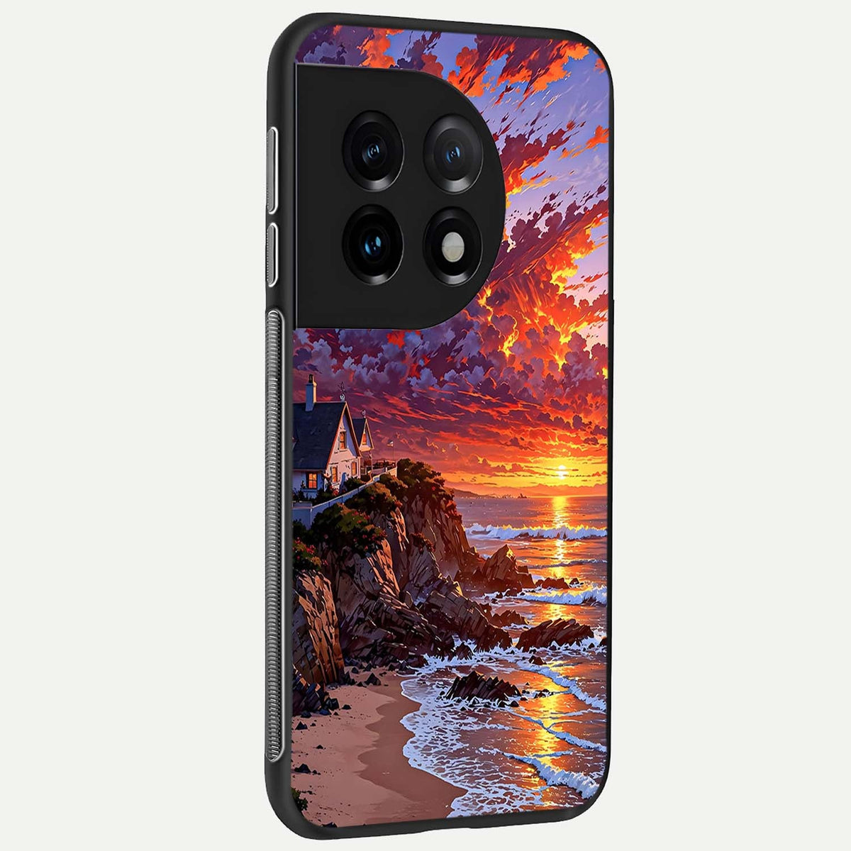 Sunset House By Sea back cover For OnePlus 11 slim fit glass case with vibrant aesthetic design