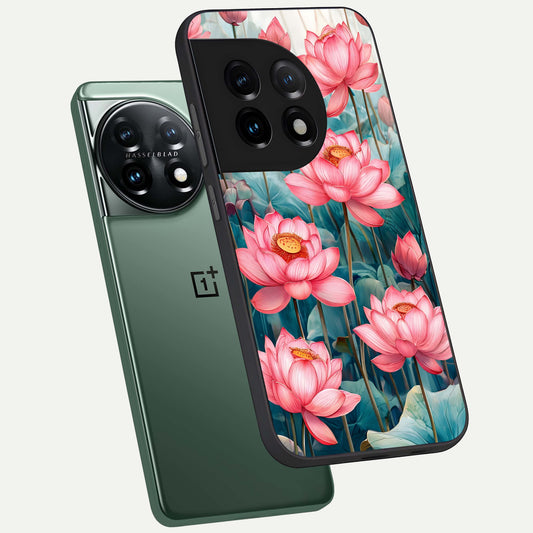 Celestial Pink Lotus phone case For OnePlus 11 showing premium glass back cover with detailed artwork