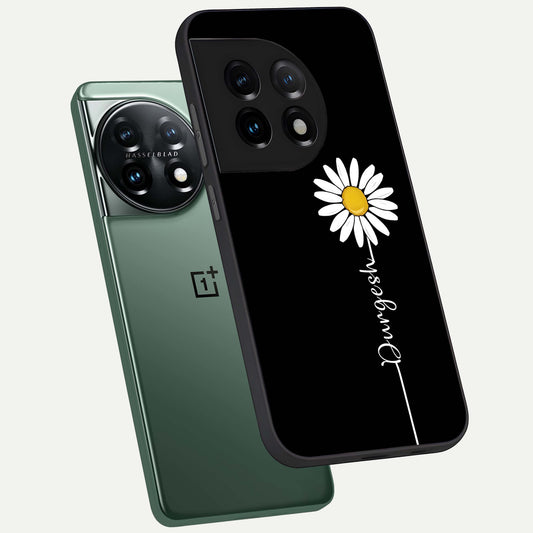 Custom Name White Flower phone case For OnePlus 11 showing premium glass back cover with detailed artwork
