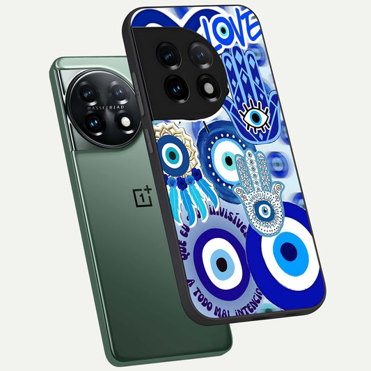 Evil Eyes Dream phone case For OnePlus 11 showing premium glass back cover with detailed artwork