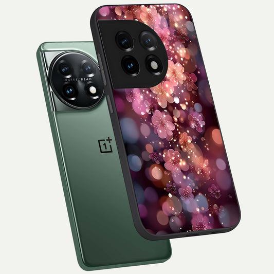 Glowing Petal Bliss phone case For OnePlus 11 showing premium glass back cover with detailed artwork