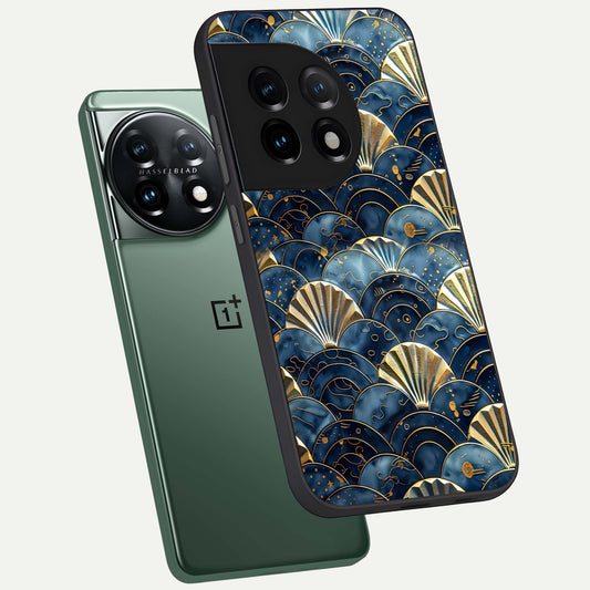 Golden Wave Luxe phone case For OnePlus 11 showing premium glass back cover with detailed artwork