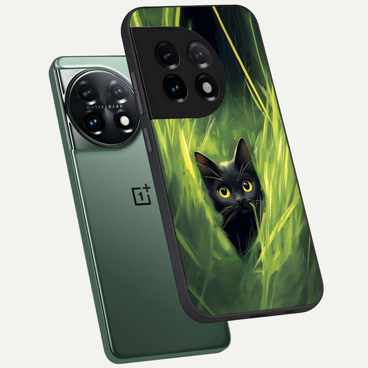 Hidden Cat Whisper phone case For OnePlus 11 showing premium glass back cover with detailed artwork