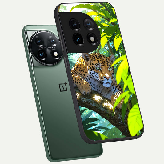 Leopard in Jungle phone case For OnePlus 11 showing premium glass back cover with detailed artwork