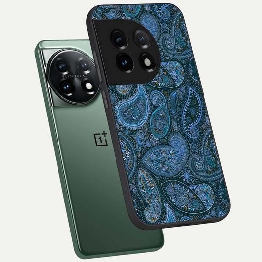 Midnight Paisley Glow phone case For OnePlus 11 showing premium glass back cover with detailed artwork