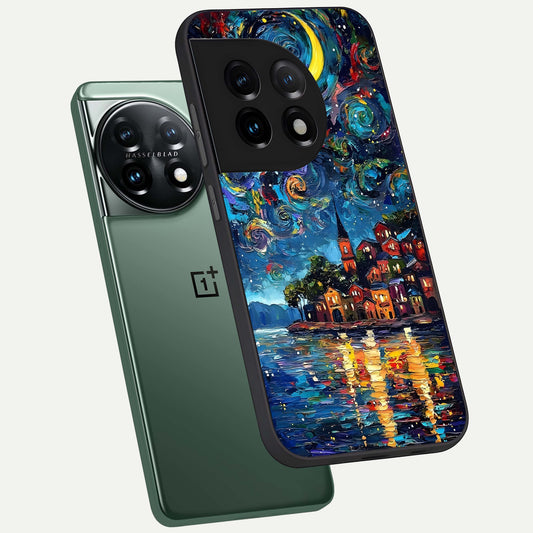 Moonlight Harbor Glow phone case For OnePlus 11 showing premium glass back cover with detailed artwork