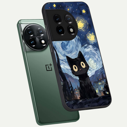 Van Gogh Cat phone case For OnePlus 11 showing premium glass back cover with detailed artwork