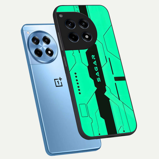Aqua Tech CYBERPUNK Custom Name phone case For OnePlus 12R showing premium glass back cover with detailed artwork