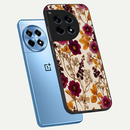 Autumn Wine Bloom phone case For OnePlus 12R showing premium glass back cover with detailed artwork