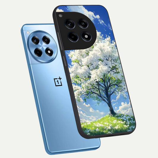 Blossom Sky Serenity phone case For OnePlus 12R showing premium glass back cover with detailed artwork