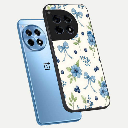 Blue Flower And Bow phone case For OnePlus 12R showing premium glass back cover with detailed artwork
