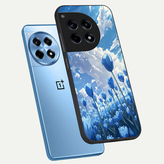 Blue Tulip Clouds phone case For OnePlus 12R showing premium glass back cover with detailed artwork