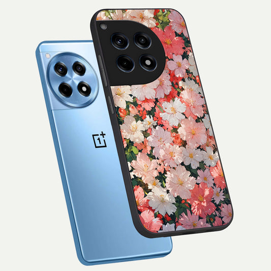 Blush Bloom Field phone case For OnePlus 12R showing premium glass back cover with detailed artwork