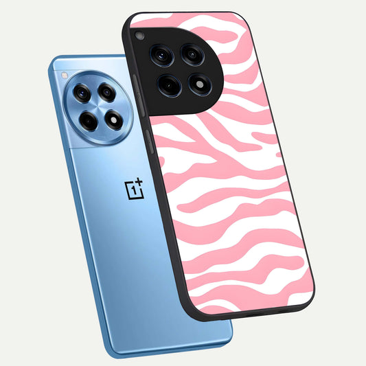 Blush Zebra Flow phone case For OnePlus 12R showing premium glass back cover with detailed artwork