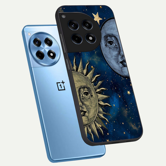 Celestial Moon With Sun phone case For OnePlus 12R showing premium glass back cover with detailed artwork