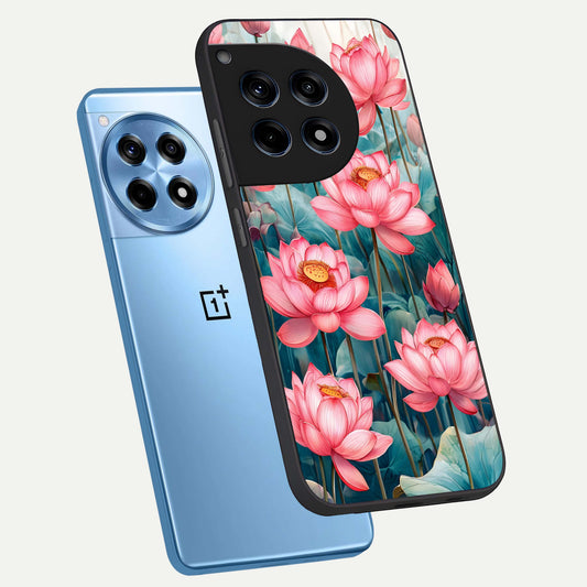 Celestial Pink Lotus phone case For OnePlus 12R showing premium glass back cover with detailed artwork