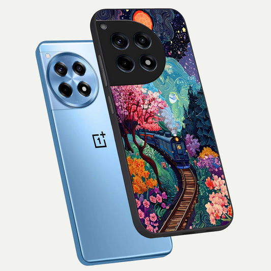 Celestial Train Journey phone case For OnePlus 12R showing premium glass back cover with detailed artwork