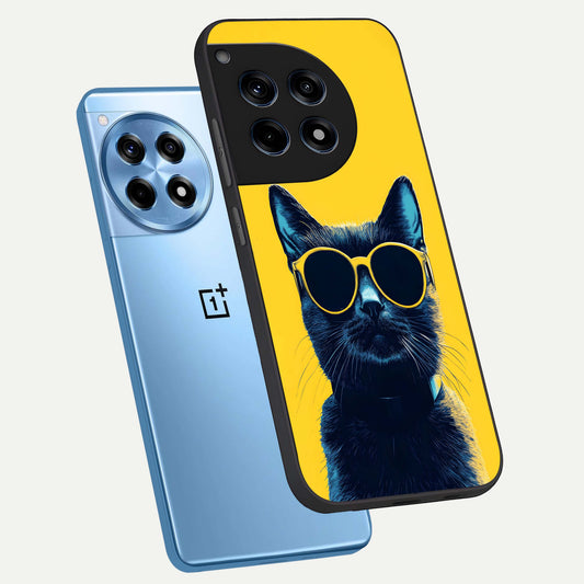 Cool Cat Vibes phone case For OnePlus 12R showing premium glass back cover with detailed artwork
