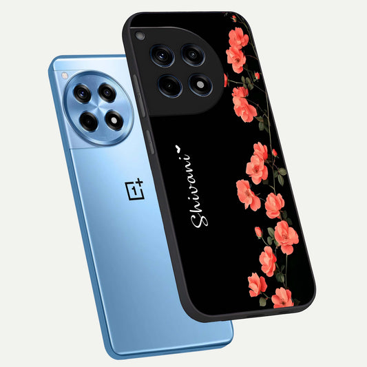Crimson Bloom Grace Custom Name phone case For OnePlus 12R showing premium glass back cover with detailed artwork