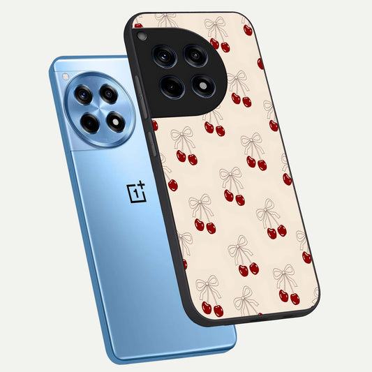 Cute Cherry Pattern phone case For OnePlus 12R showing premium glass back cover with detailed artwork