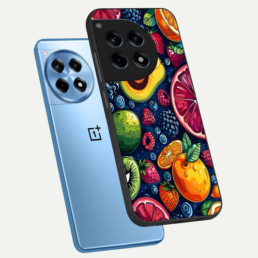 Cute Fruits Art phone case For OnePlus 12R showing premium glass back cover with detailed artwork