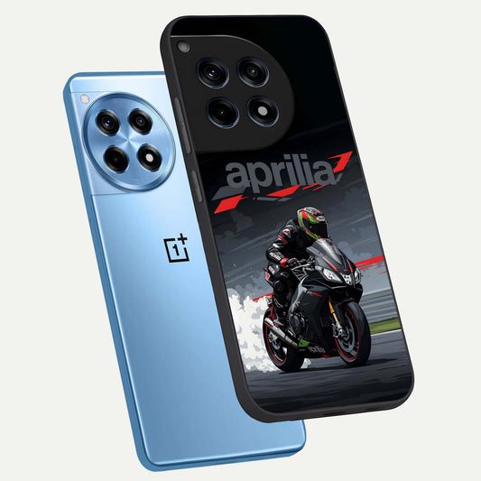 Dark Aprilla phone case For OnePlus 12R showing premium glass back cover with detailed artwork