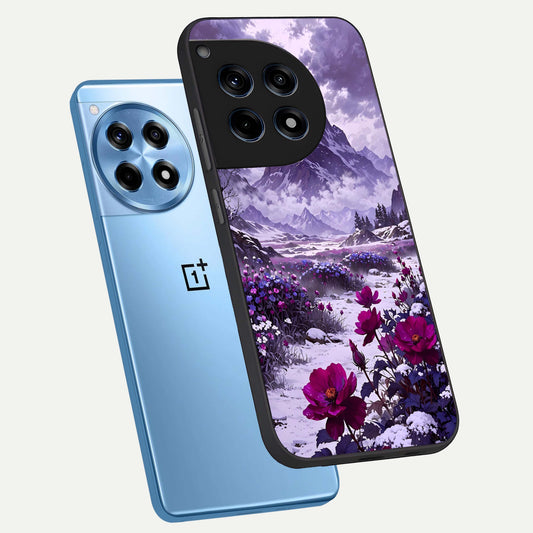Flower Mountain View phone case For OnePlus 12R showing premium glass back cover with detailed artwork