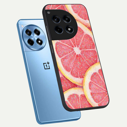 Glitter Grapefruit phone case For OnePlus 12R showing premium glass back cover with detailed artwork
