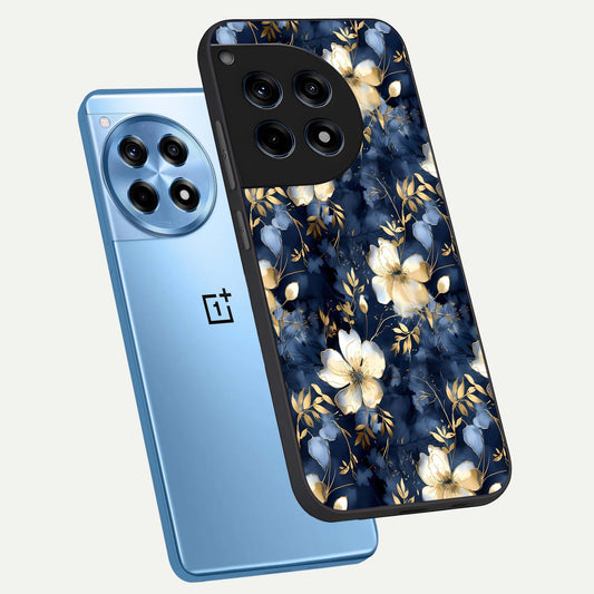 Golden Midnight Bloom phone case For OnePlus 12R showing premium glass back cover with detailed artwork