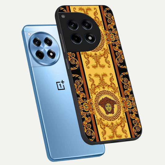 Golden Royal Heritage phone case For OnePlus 12R showing premium glass back cover with detailed artwork