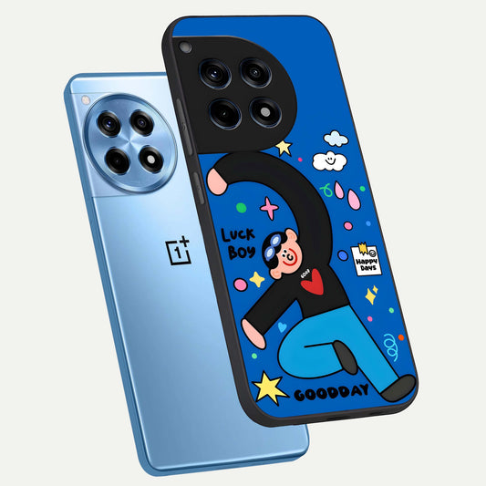 Happy Luck Vibe phone case For OnePlus 12R showing premium glass back cover with detailed artwork