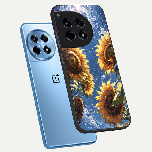 Heavenly Sunflower Rise phone case For OnePlus 12R showing premium glass back cover with detailed artwork