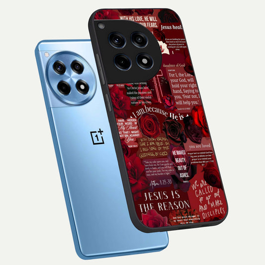 Jesus Love Heals phone case For OnePlus 12R showing premium glass back cover with detailed artwork