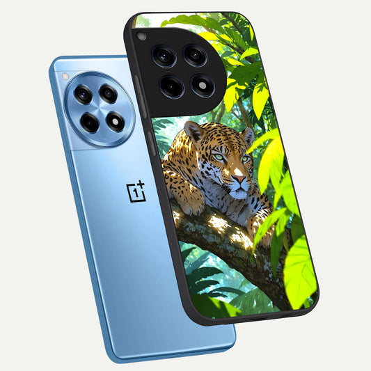 Leopard in Jungle phone case For OnePlus 12R showing premium glass back cover with detailed artwork