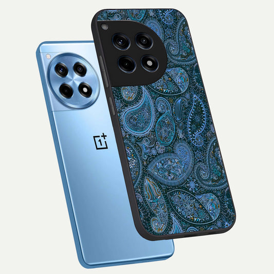 Midnight Paisley Glow phone case For OnePlus 12R showing premium glass back cover with detailed artwork