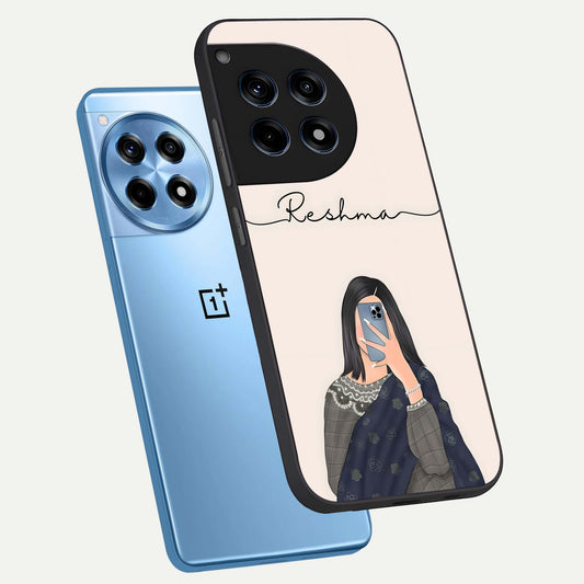 Mirror Mood Muse With Custom Name phone case For OnePlus 12R showing premium glass back cover with detailed artwork