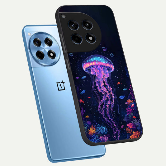 Neon Jellyfish phone case For OnePlus 12R showing premium glass back cover with detailed artwork