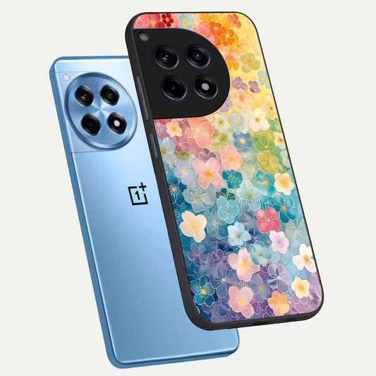 Rainbow Blossom Burst phone case For OnePlus 12R showing premium glass back cover with detailed artwork