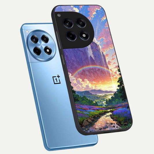 Rainbow Valley Dream phone case For OnePlus 12R showing premium glass back cover with detailed artwork
