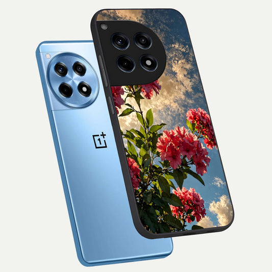 Red Bloom Skies phone case For OnePlus 12R showing premium glass back cover with detailed artwork