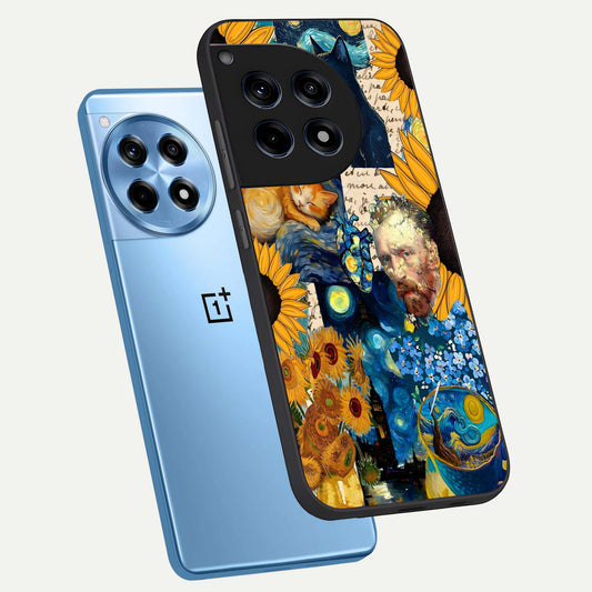 Sunflower Chic Mood Custom Name phone case For OnePlus 12R showing premium glass back cover with detailed artwork