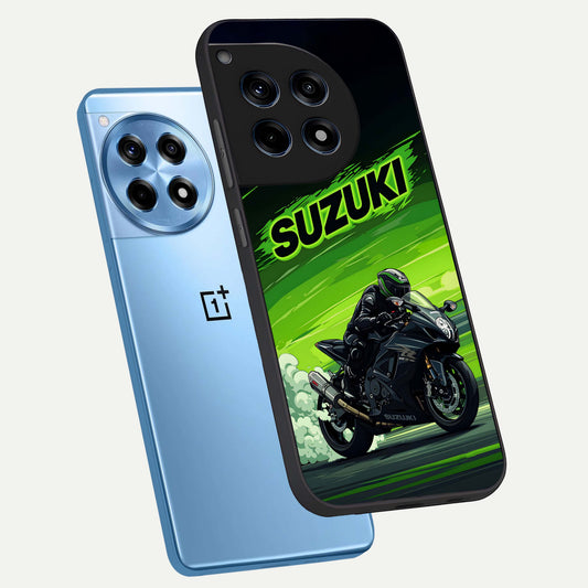 Suzuki Speed Beast phone case For OnePlus 12R showing premium glass back cover with detailed artwork