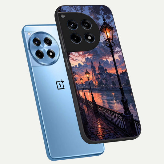 Twilight River Lights phone case For OnePlus 12R showing premium glass back cover with detailed artwork